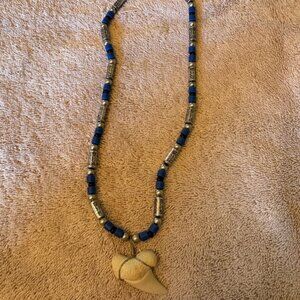 Blue Beaded Necklace with Beige Shark Tooth Pendant